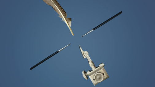 Quill, paint brushes and map making compass on a blue background